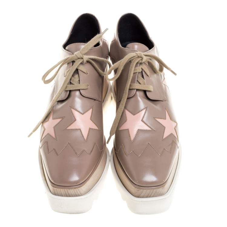 Pre Owned Stella McCartney Beige Faux Leather Elyse Star Platform Lace Up Derby Size 35.5