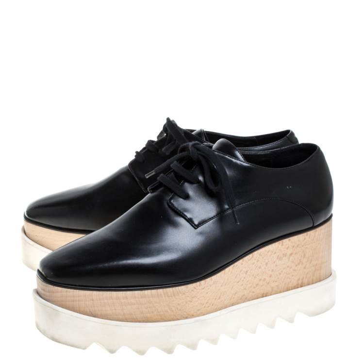 Pre Owned Stella McCartney Black Faux Patent Leather Elyse Platform Derby Size 38