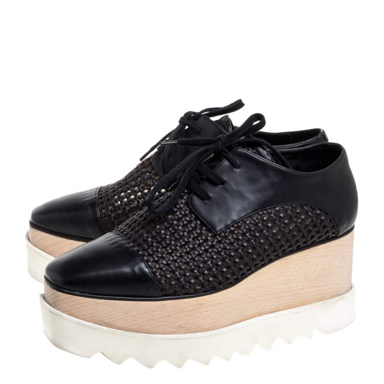 Pre Owned Stella McCartney Black Woven Faux Leather Elyse Platform Derby Sneakers Size 37