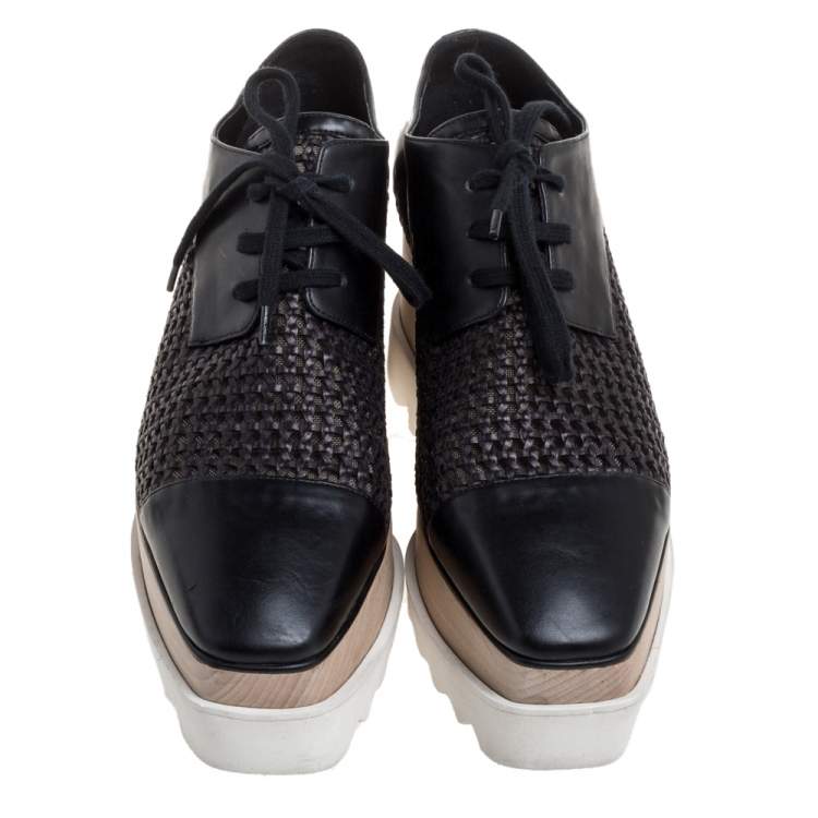 Pre Owned Stella McCartney Black Woven Faux Leather Elyse Platform Derby Sneakers Size 37