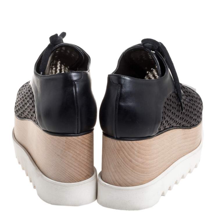Pre Owned Stella McCartney Black Woven Faux Leather Elyse Platform Derby Sneakers Size 37
