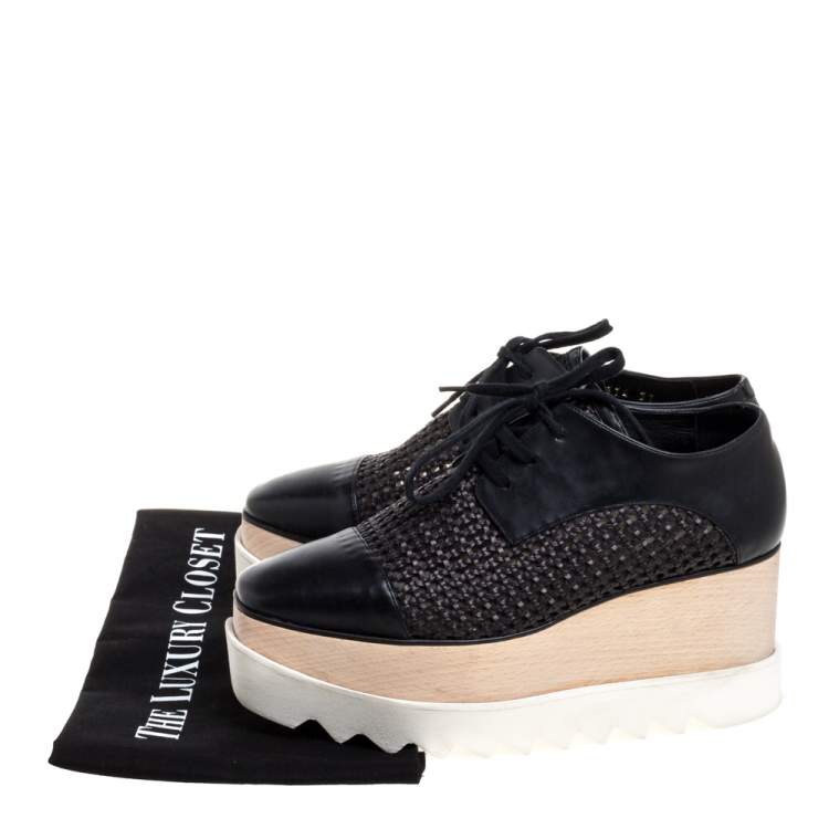 Pre Owned Stella McCartney Black Woven Faux Leather Elyse Platform Derby Sneakers Size 37