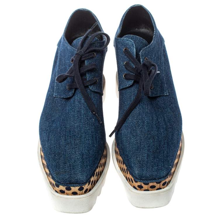 Pre Owned Stella McCartney Blue Denim Fabric Cork Platform Sneakers Size 38