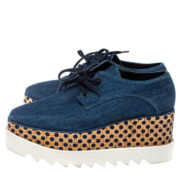 Pre Owned Stella McCartney Blue Denim Fabric Cork Platform Sneakers Size 38
