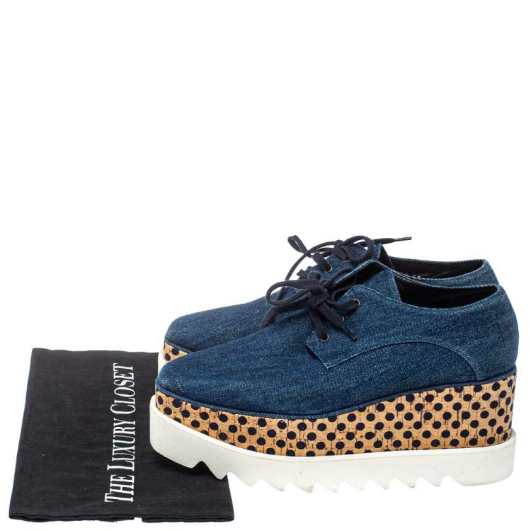 Pre Owned Stella McCartney Blue Denim Fabric Cork Platform Sneakers Size 38