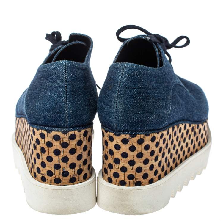 Pre Owned Stella McCartney Blue Denim Fabric Cork Platform Sneakers Size 38