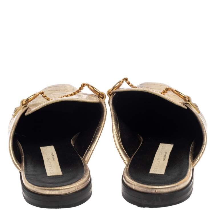 Pre Owned Stella McCartney Gold Faux Croc Embossed Leather Flat  Mules Size 38.5