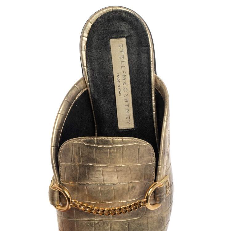 Pre Owned Stella McCartney Gold Faux Croc Embossed Leather Flat  Mules Size 38.5