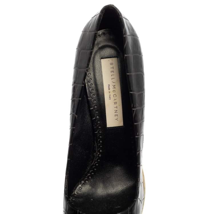 Pre Owned Stella McCartney Black Faux Croc Embossed Leather Pointed Toe Platform Pumps Size 39.5