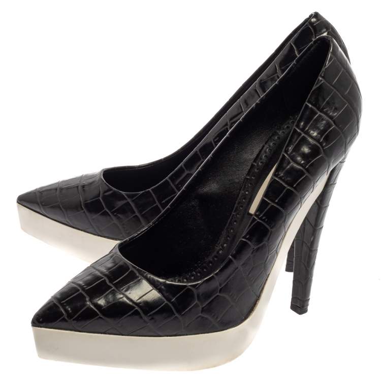 Pre Owned Stella McCartney Black Faux Croc Embossed Leather Pointed Toe Platform Pumps Size 39.5