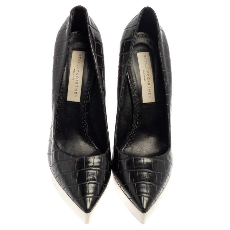 Pre Owned Stella McCartney Black Faux Croc Embossed Leather Pointed Toe Platform Pumps Size 39.5