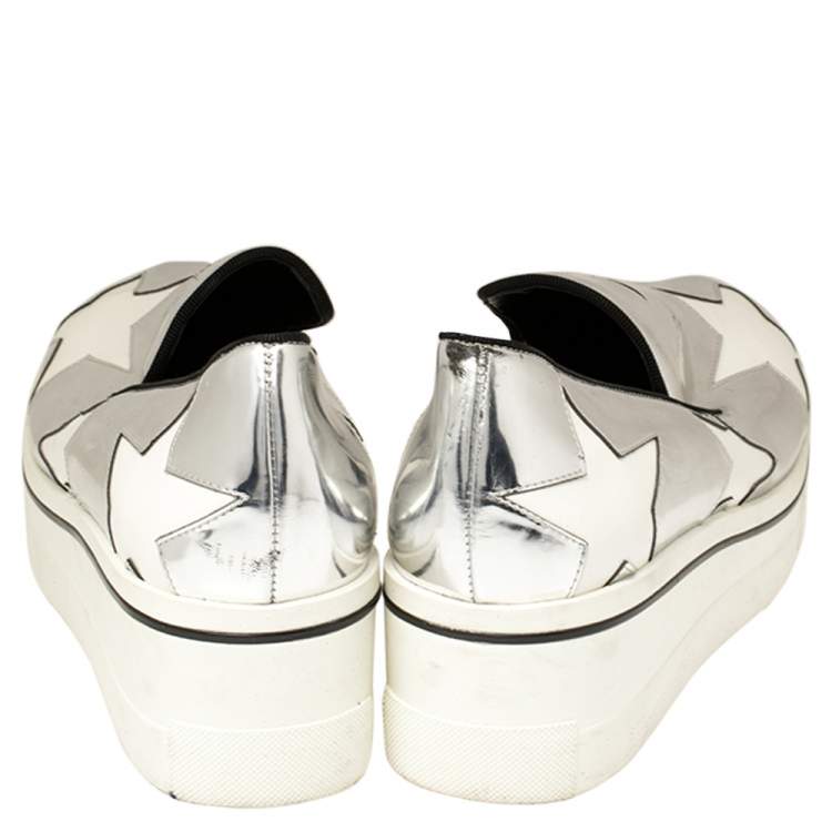 Pre Owned Stella McCartney Metallic Silver Faux Leather Binx Star Platform Slip On Sneakers Size 41