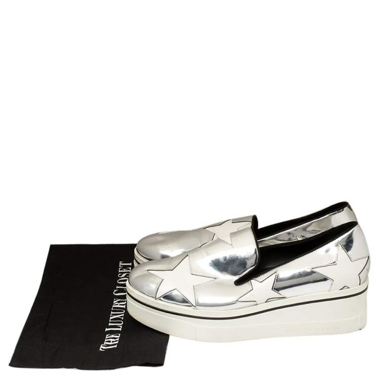 Pre Owned Stella McCartney Metallic Silver Faux Leather Binx Star Platform Slip On Sneakers Size 41