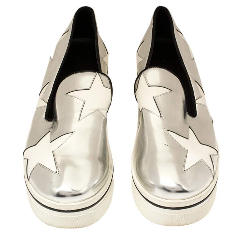 Pre Owned Stella McCartney Metallic Silver Faux Leather Binx Star Platform Slip On Sneakers Size 41