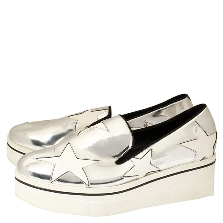 Pre Owned Stella McCartney Metallic Silver Faux Leather Binx Star Platform Slip On Sneakers Size 41