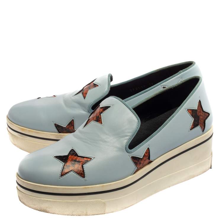 Pre Owned Stella McCartney Blue Faux Leather Binx Star Platform Slip On Sneakers Size 39