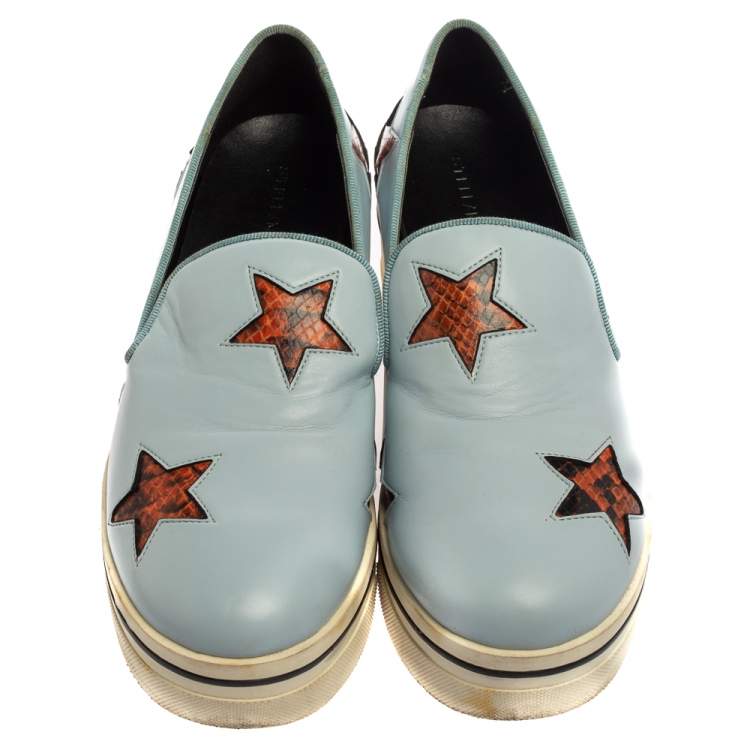 Pre Owned Stella McCartney Blue Faux Leather Binx Star Platform Slip On Sneakers Size 39
