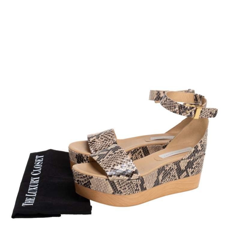 Pre Owned Stella McCartney Beige/Black Faux Python Ankle Strap Wedges Size 40