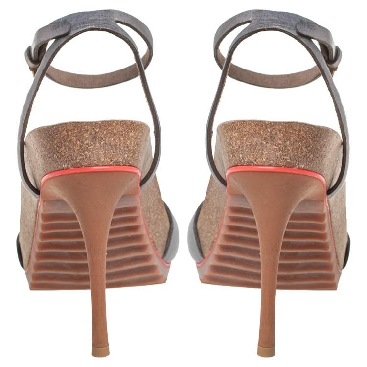 Pre Owned Stella McCartney Metallic Grey Faux Leather Ankle Strap Sandals Size 38