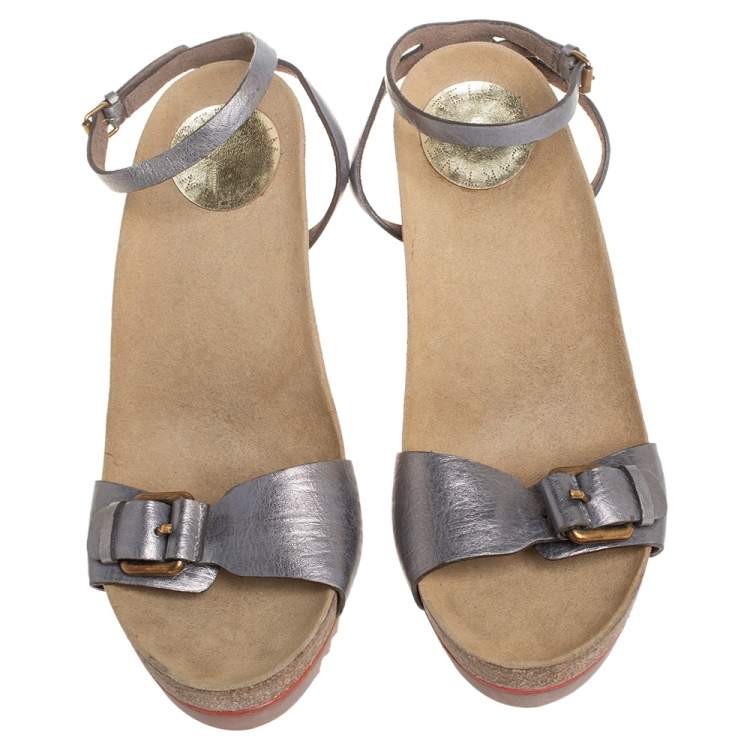 Pre Owned Stella McCartney Metallic Grey Faux Leather Ankle Strap Sandals Size 38