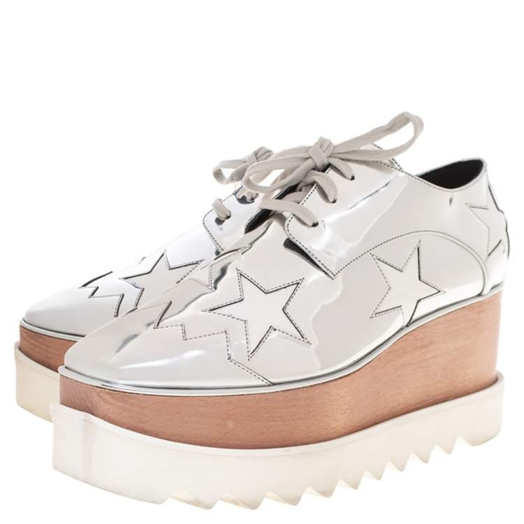Pre Owned Stella McCartney Metallic Silver Faux Leather Elyse Star Platform Derby Size 38