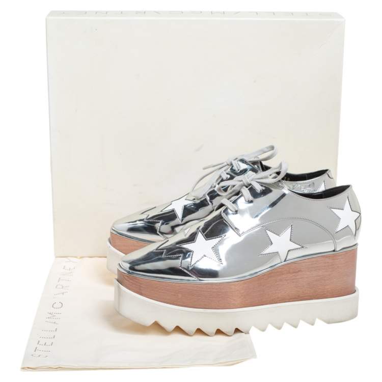 Pre Owned Stella McCartney Metallic Silver Faux Leather Elyse Star Platform Derby Size 38
