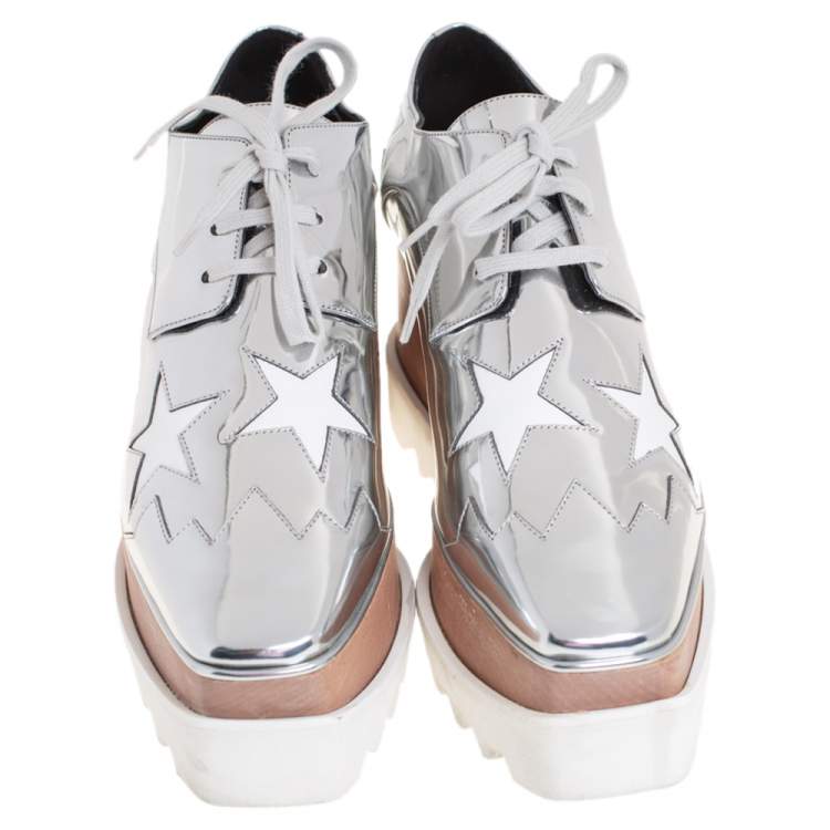 Pre Owned Stella McCartney Metallic Silver Faux Leather Elyse Star Platform Derby Size 38