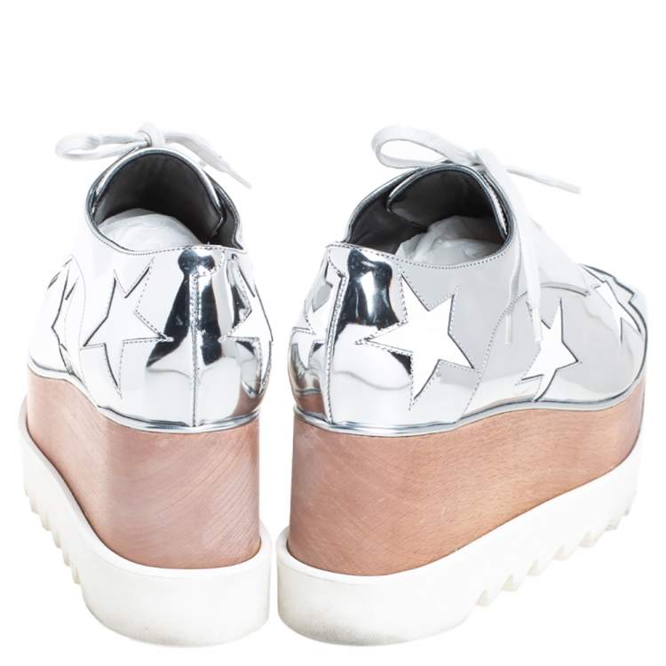 Pre Owned Stella McCartney Metallic Silver Faux Leather Elyse Star Platform Derby Size 38