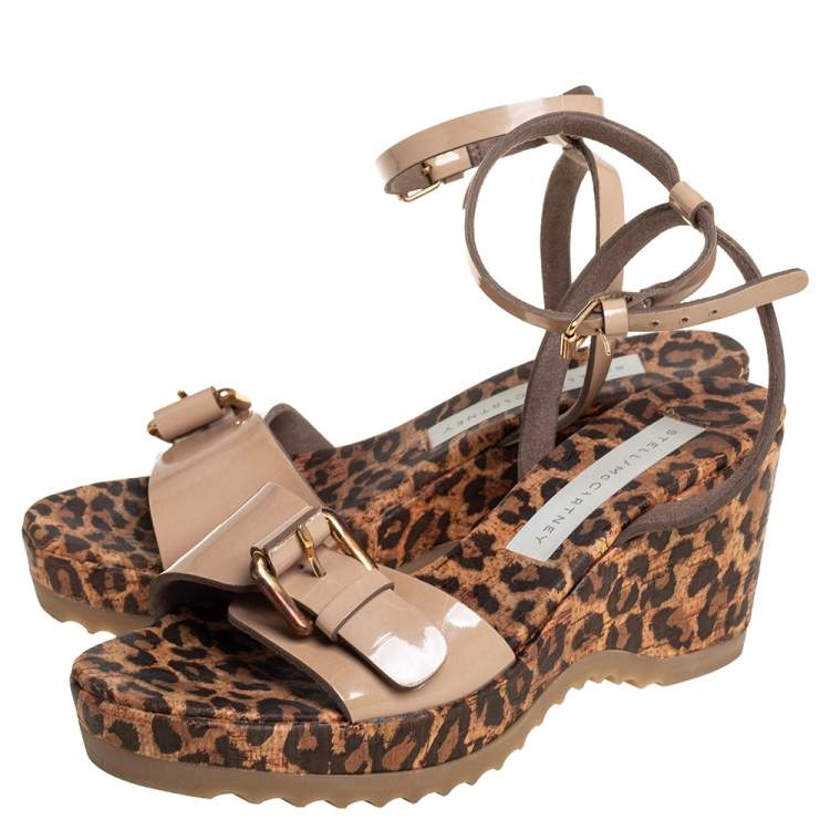Pre Owned Stella McCartney Beige Faux Patent Leather Linda Leopard Print Cork Wedge Sandals Size 36