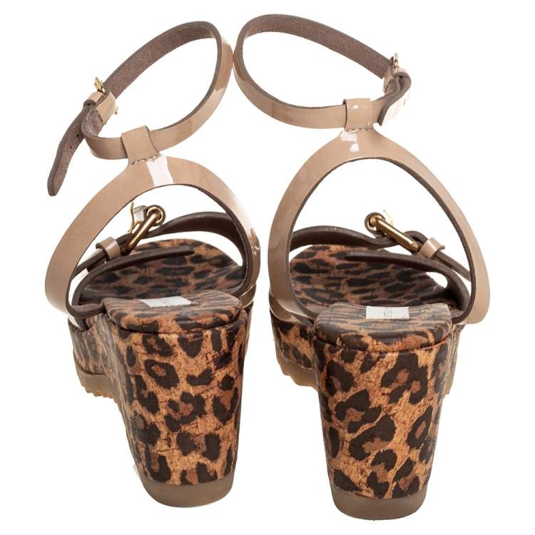 Pre Owned Stella McCartney Beige Faux Patent Leather Linda Leopard Print Cork Wedge Sandals Size 36