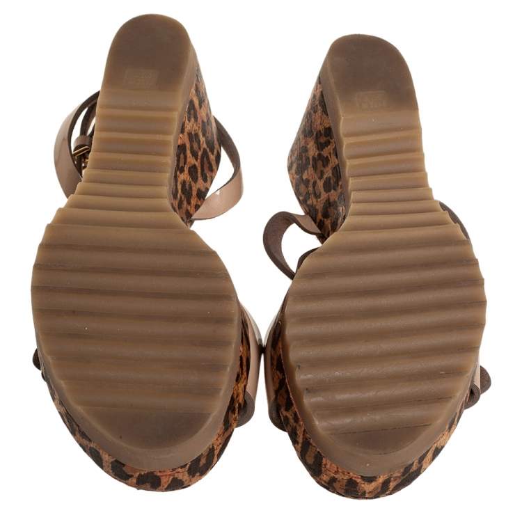 Pre Owned Stella McCartney Beige Faux Patent Leather Linda Leopard Print Cork Wedge Sandals Size 36
