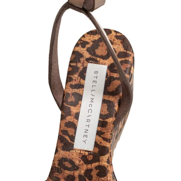 Pre Owned Stella McCartney Beige Faux Patent Leather Linda Leopard Print Cork Wedge Sandals Size 36