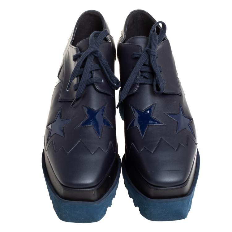 Pre Owned Stella McCartney Navy Blue Faux Leather Elyse Star Platform Derby Size 39