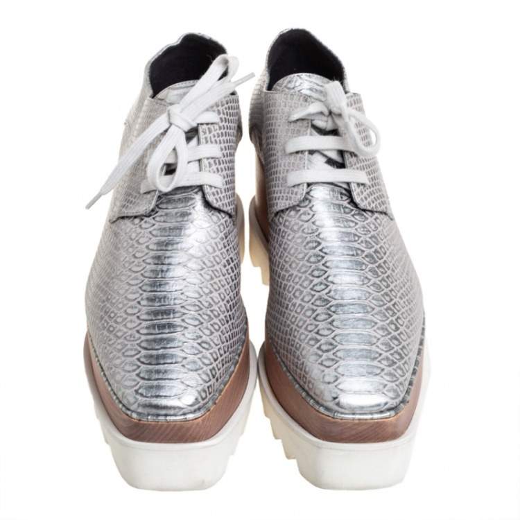 Pre Owned Stella McCartney Silver Python Embossed Leather Elyse Platform Derby Size 38