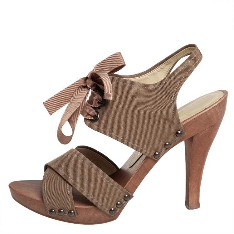Pre Owned Stella McCartney Brown Fabric Platform Ankle Tie Sandals Size 39