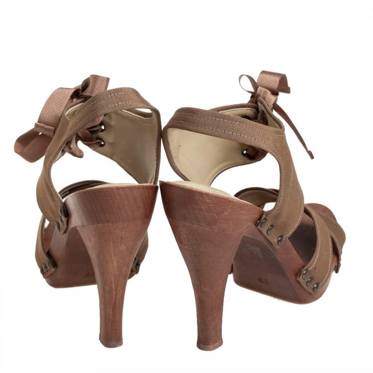 Pre Owned Stella McCartney Brown Fabric Platform Ankle Tie Sandals Size 39
