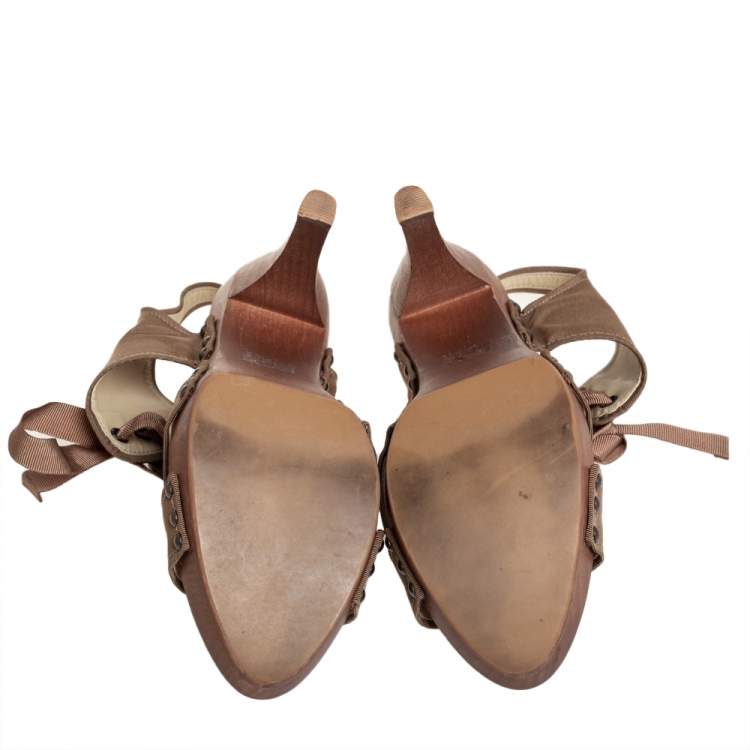 Pre Owned Stella McCartney Brown Fabric Platform Ankle Tie Sandals Size 39