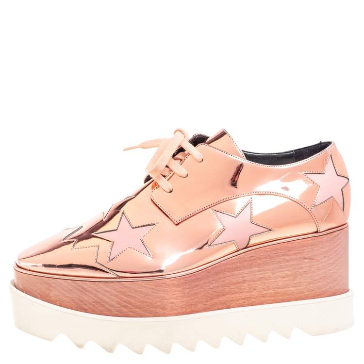 Pre Owned Stella McCartney Metallic Rose Gold Faux Patent Leather Elyse Star Platform Lace Up Sneakers Size 38