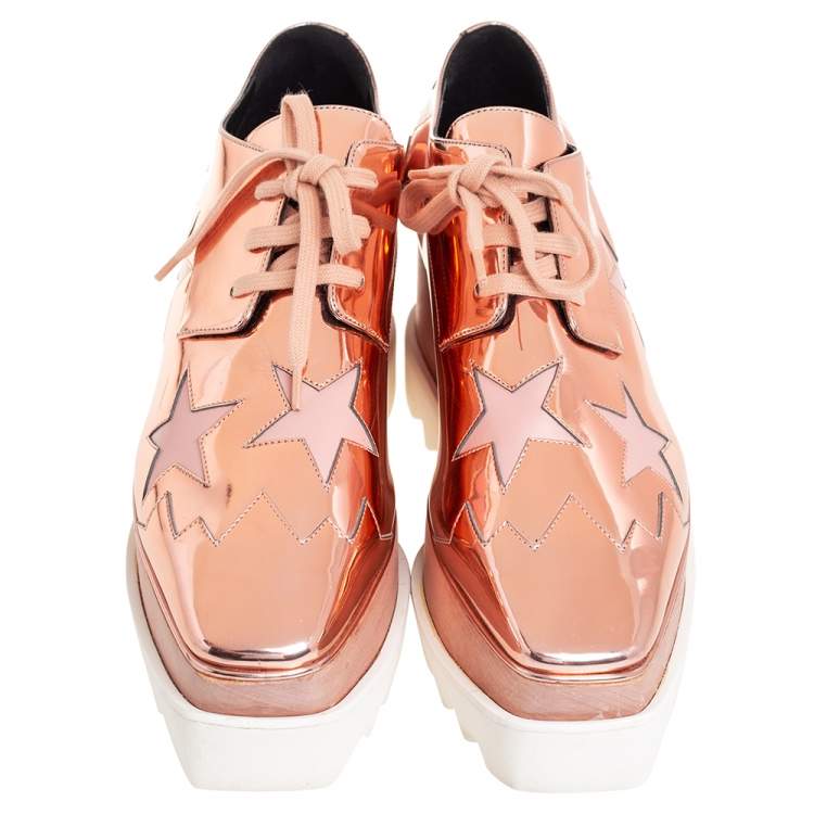 Pre Owned Stella McCartney Metallic Rose Gold Faux Patent Leather Elyse Star Platform Lace Up Sneakers Size 38