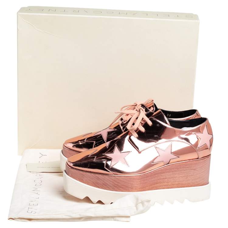Pre Owned Stella McCartney Metallic Rose Gold Faux Patent Leather Elyse Star Platform Lace Up Sneakers Size 38