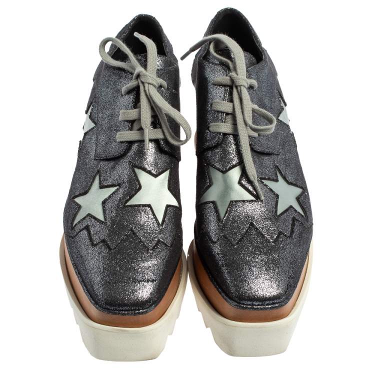 Pre Owned Stella McCartney Metallic Grey Faux Glitter Suede Elyse Star Platform Derby Size 36