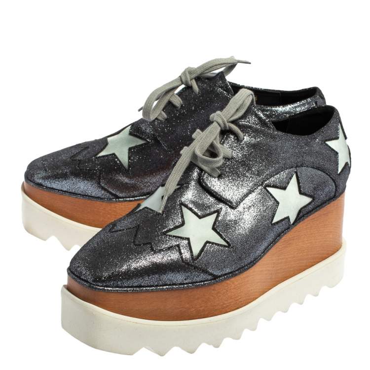 Pre Owned Stella McCartney Metallic Grey Faux Glitter Suede Elyse Star Platform Derby Size 36
