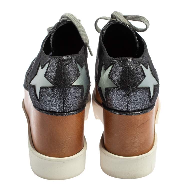 Pre Owned Stella McCartney Metallic Grey Faux Glitter Suede Elyse Star Platform Derby Size 36