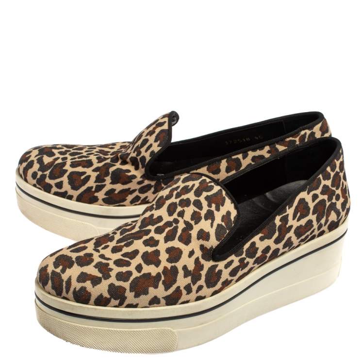 Pre Owned Stella McCartney Beige Leopard Print Canvas Platform Slip on Sneakers Size 40