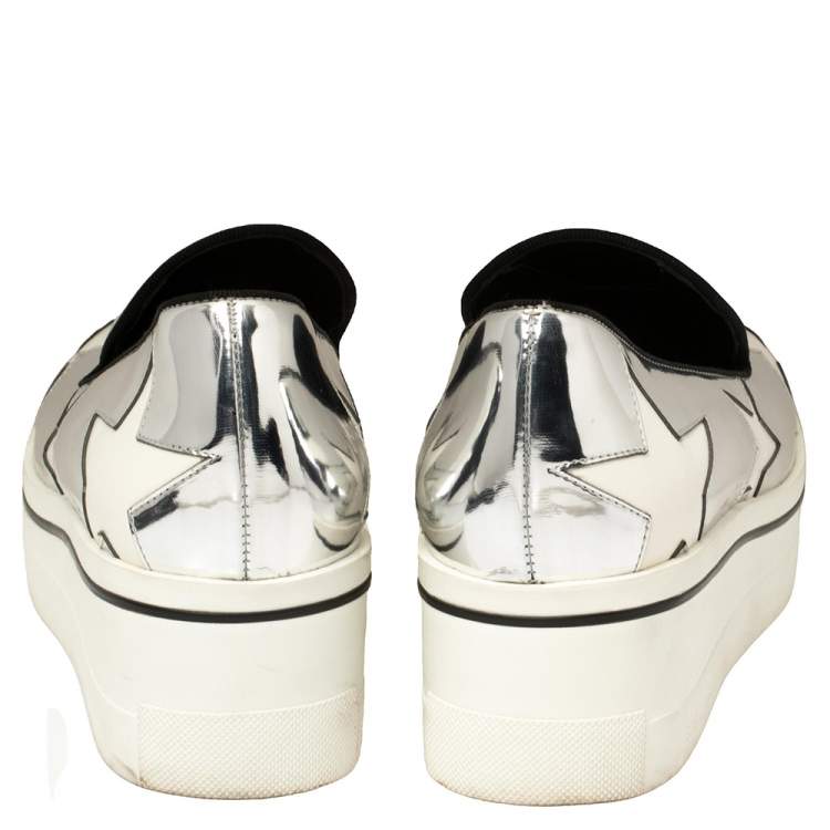 Pre Owned Stella McCartney Metallic Silver Faux Leather Binx Star Platform Slip On Sneakers Size 39