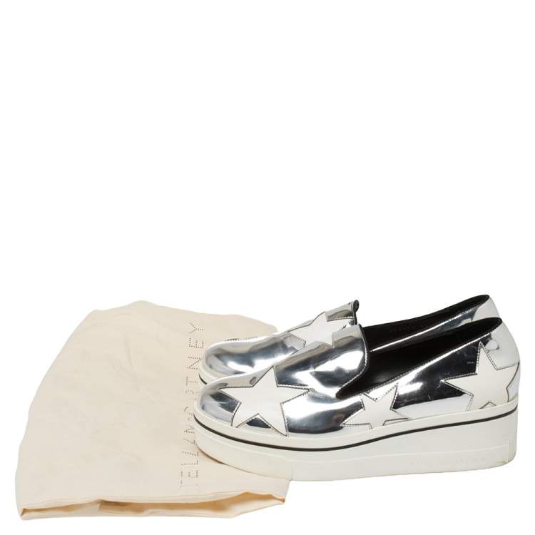 Pre Owned Stella McCartney Metallic Silver Faux Leather Binx Star Platform Slip On Sneakers Size 39