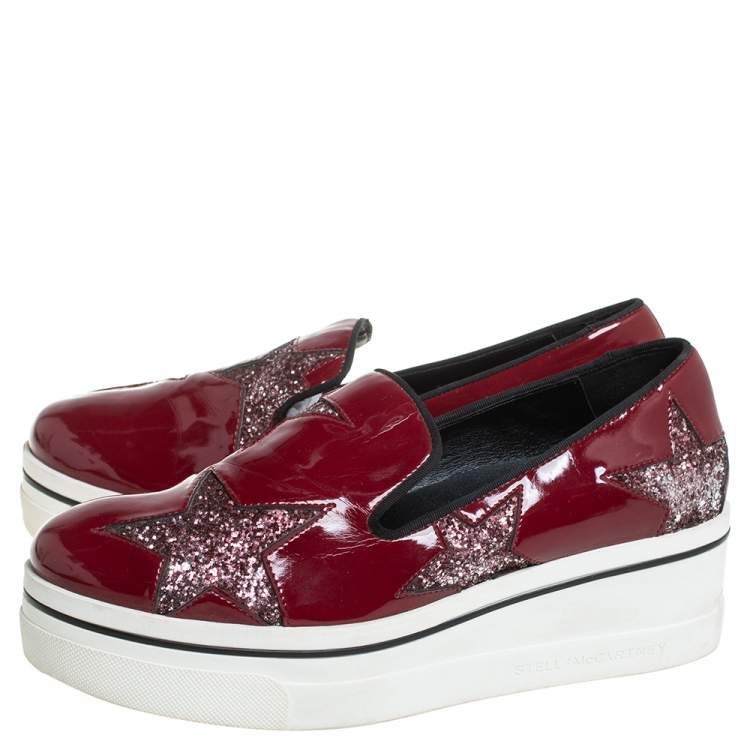 Pre Owned Stella McCartney Red Faux Patent Leather  Slip On Platform Sneakers Size 38