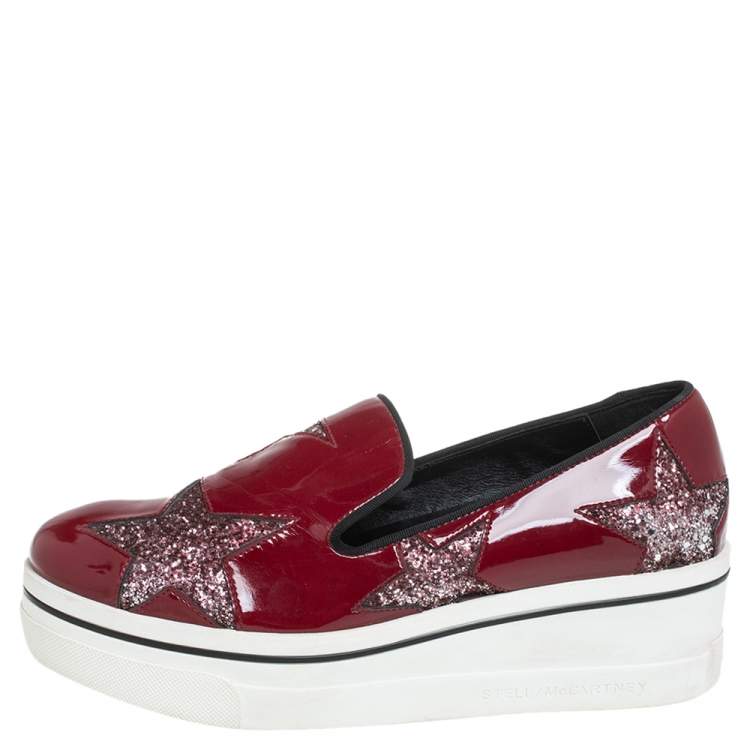 Pre Owned Stella McCartney Red Faux Patent Leather  Slip On Platform Sneakers Size 38