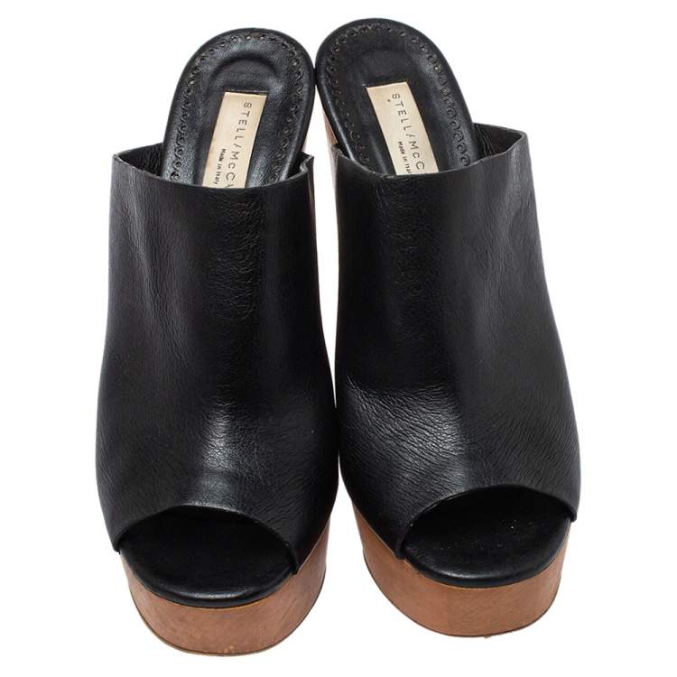 Pre Owned Stella McCartney Black Faux Leather Wooden Block Heel Platform Sandals Size 38.5