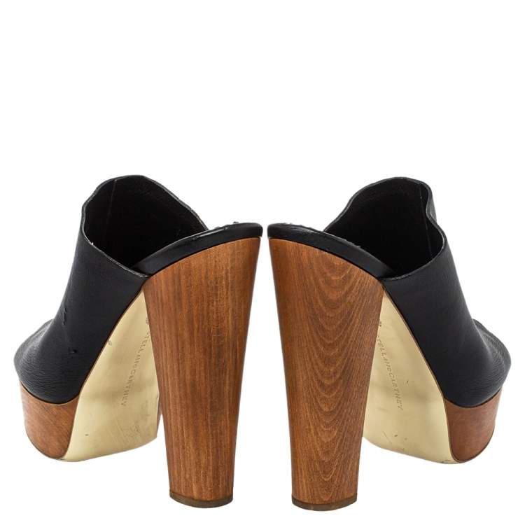 Pre Owned Stella McCartney Black Faux Leather Wooden Block Heel Platform Sandals Size 38.5